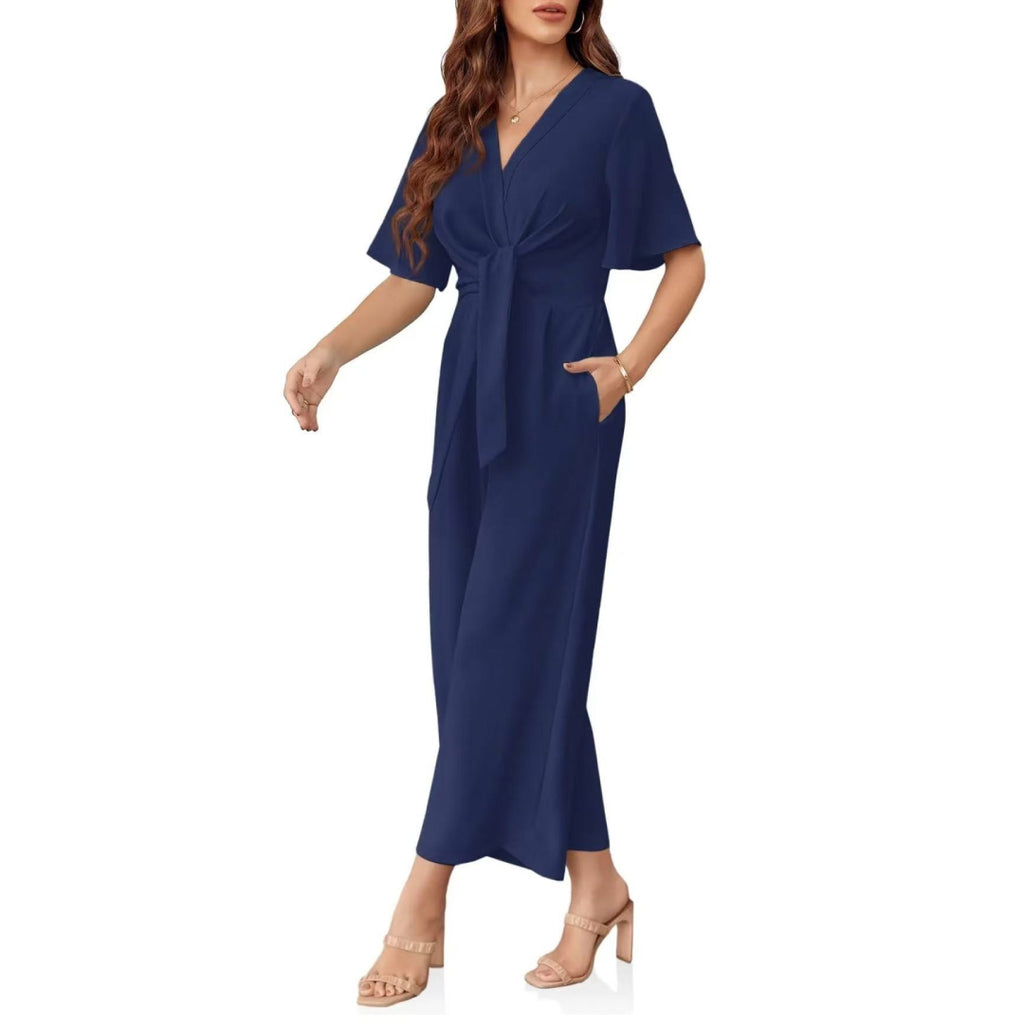Kimono Sleeve Tie Waist Wide Leg Jumpsuit - Navyblue