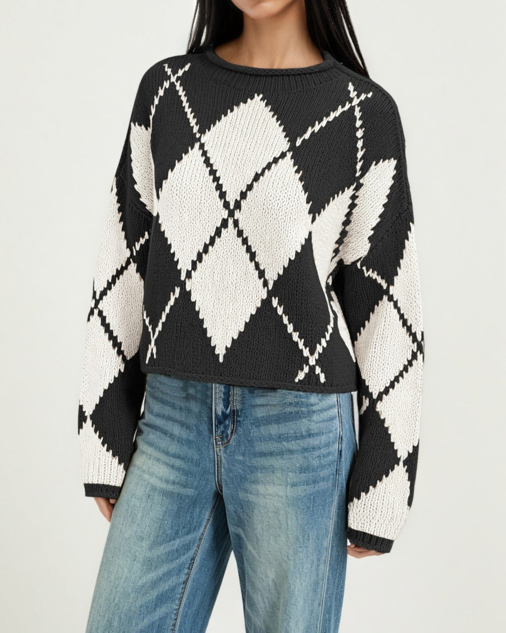 Rolled Neck Argyle Jacquard Cropped Sweater - Black