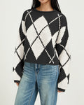 Rolled Neck Argyle Jacquard Cropped Sweater - Black