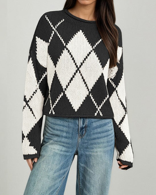 Rolled Neck Argyle Jacquard Cropped Sweater - Black - 1