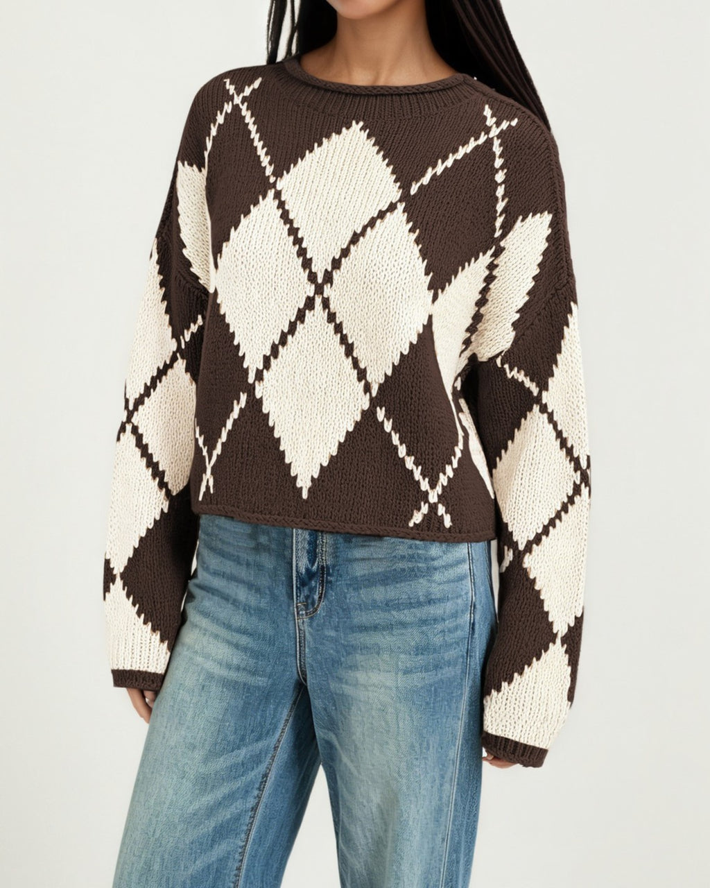 Rolled Neck Argyle Jacquard Cropped Sweater - Coffee
