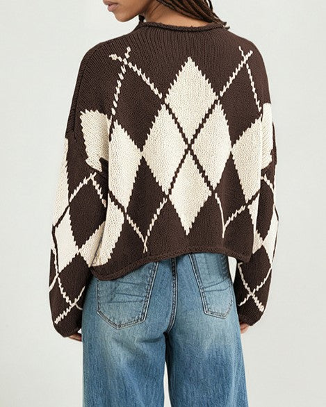Rolled Neck Argyle Jacquard Cropped Sweater - Coffee - 1