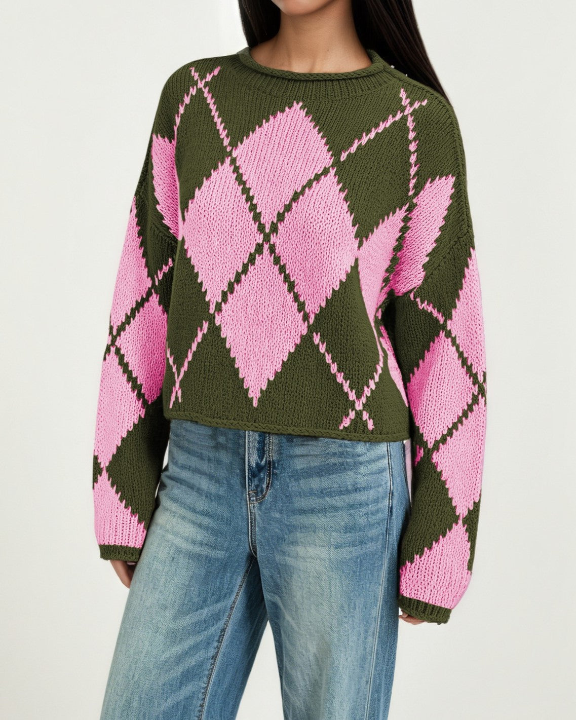 Rolled Neck Argyle Jacquard Cropped Sweater - Green