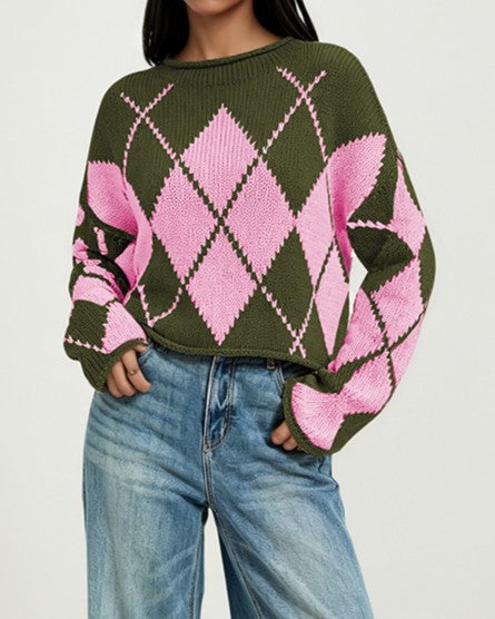 Rolled Neck Argyle Jacquard Cropped Sweater - Green - 1