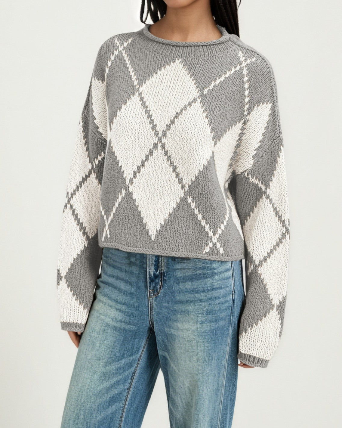 Rolled Neck Argyle Jacquard Cropped Sweater - Grey