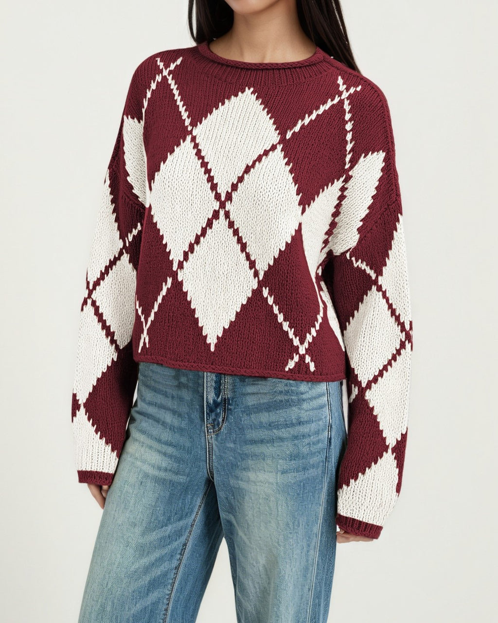 Rolled Neck Argyle Jacquard Cropped Sweater - WineRed