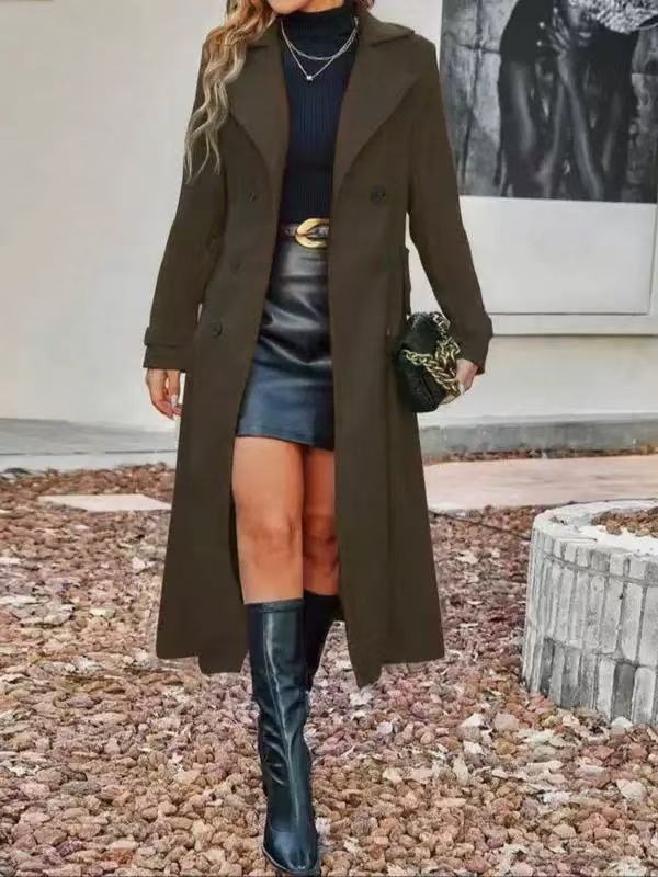 Longline Double Breasted Notch Lapel Maxi Coat - ArmyGreen