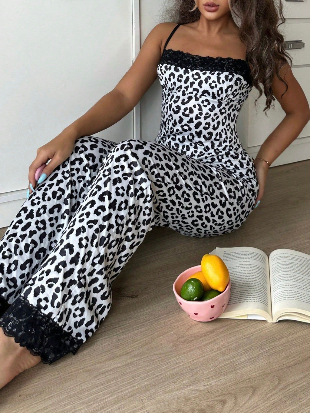 Leopard Print Lace Trim Cami Pajama Set - Black - 1