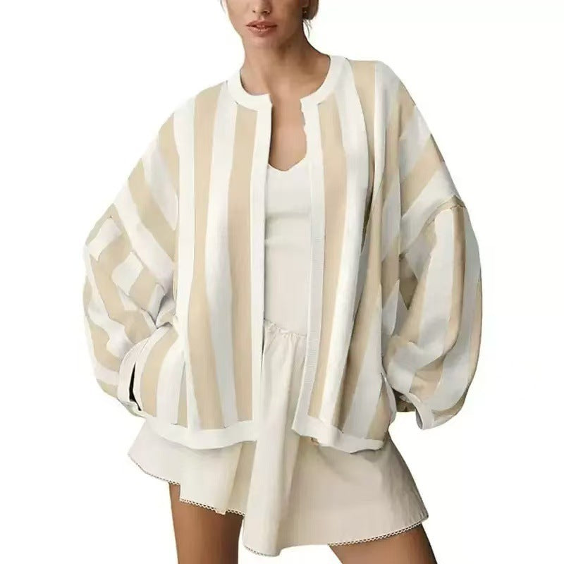 Vertical Stripe Oversized Cardigan Contrast Trim - Apricot