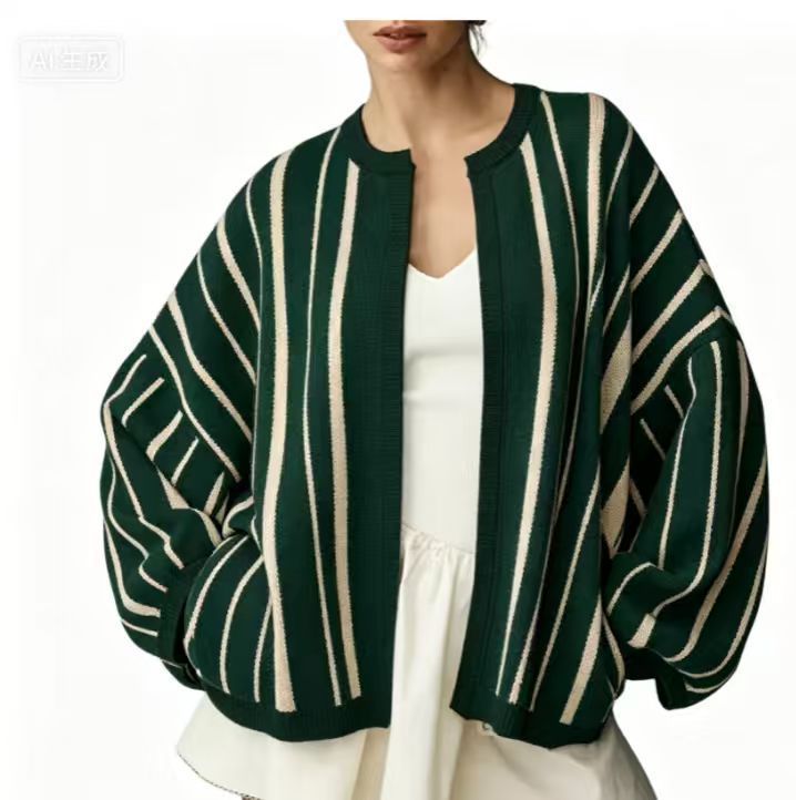 Vertical Stripe Oversized Cardigan Contrast Trim - Green