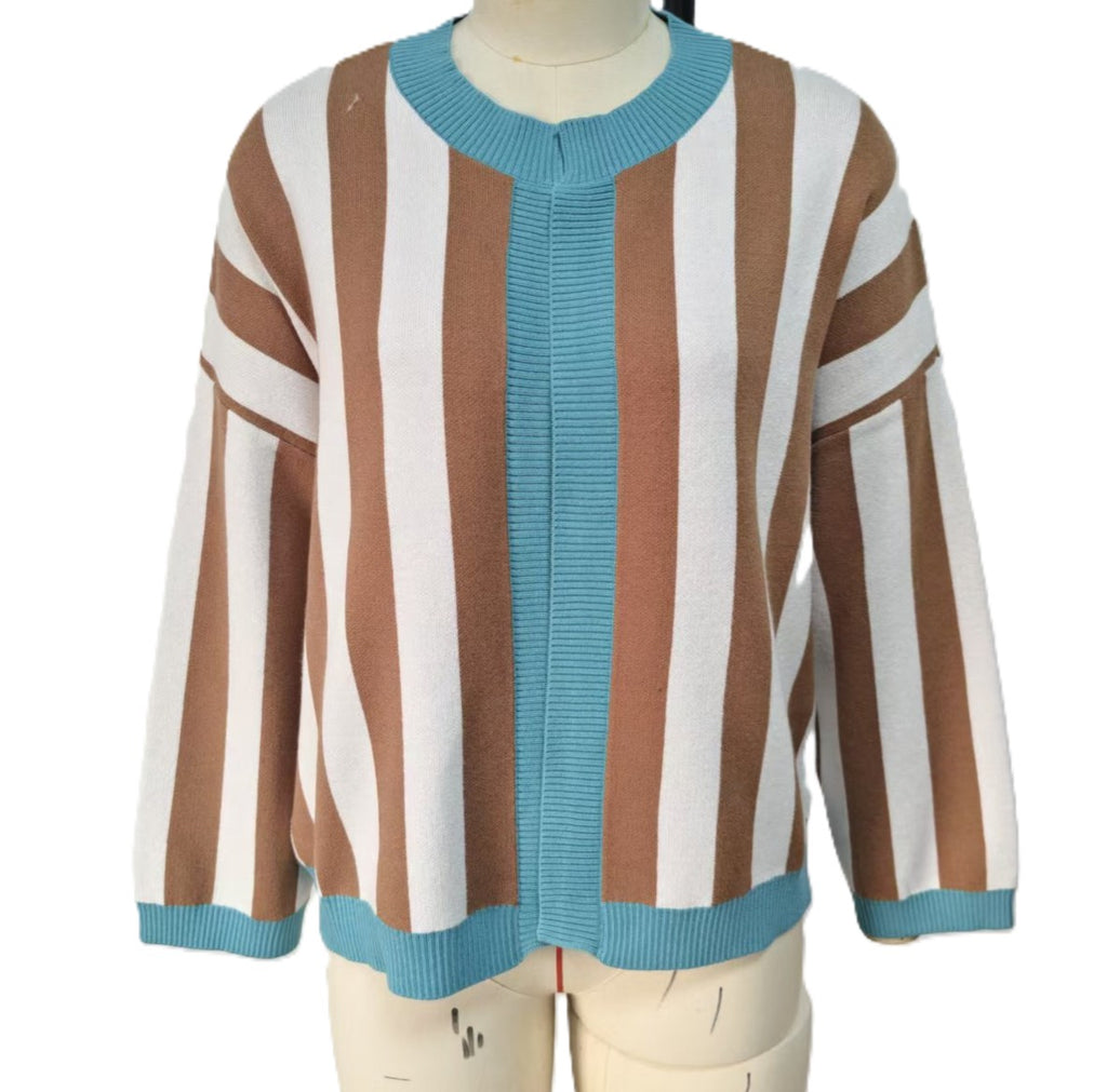 Vertical Stripe Oversized Cardigan Contrast Trim - Khaki