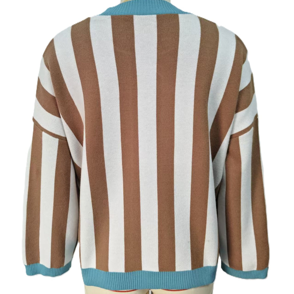 Vertical Stripe Oversized Cardigan Contrast Trim - Khaki - 1