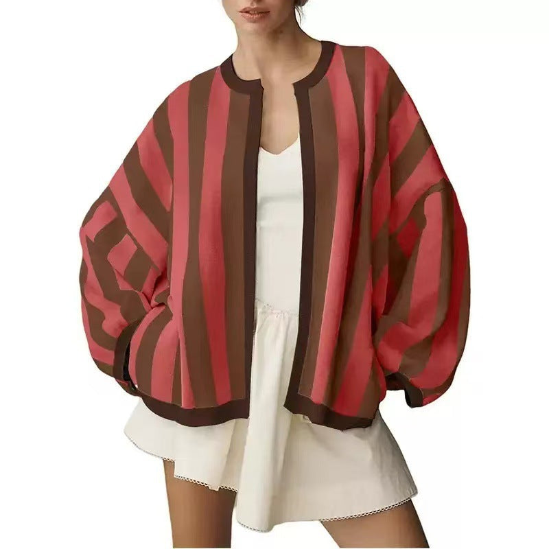 Vertical Stripe Oversized Cardigan Contrast Trim - Red