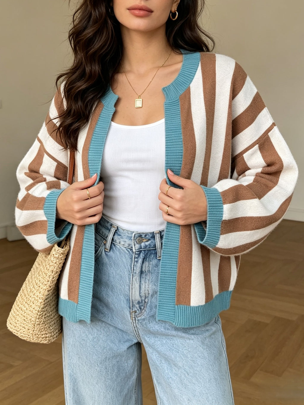 Vertical Stripe Oversized Cardigan Contrast Trim