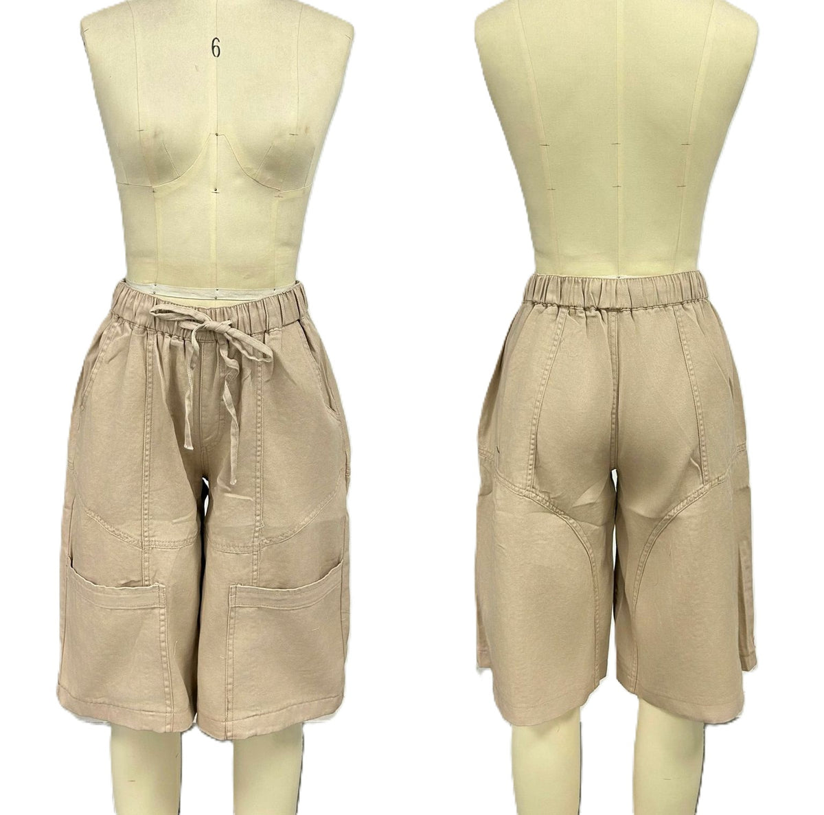 Drawstring Cargo Bermuda Shorts With Pockets - Beige