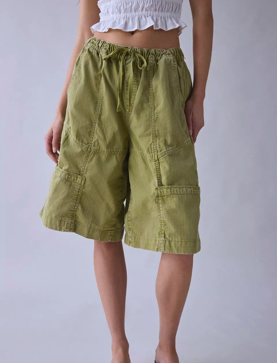 Drawstring Cargo Bermuda Shorts With Pockets - Green