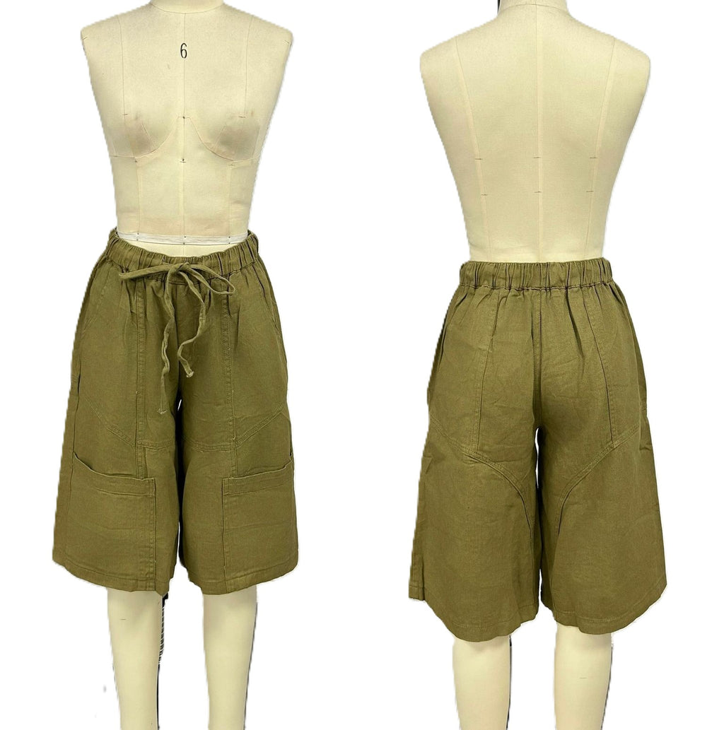 Drawstring Cargo Bermuda Shorts With Pockets - Green - 1