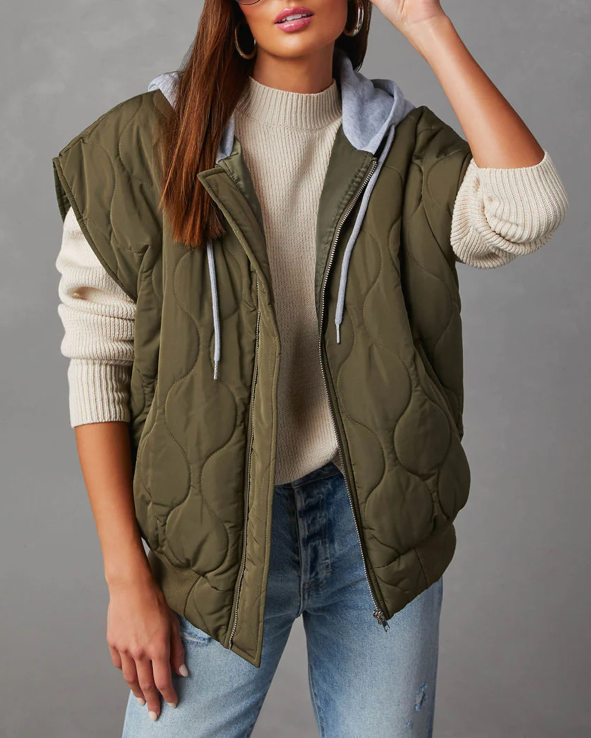 Quilted Hooded Cap Sleeve Zip Vest - Olive - 2