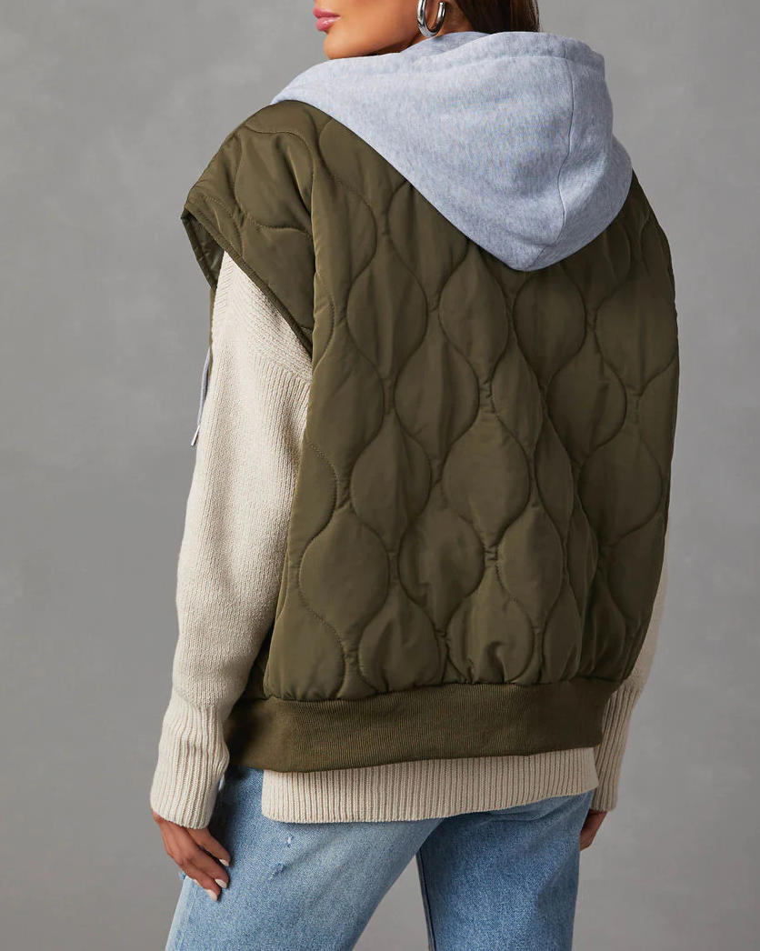 Quilted Hooded Cap Sleeve Zip Vest - Olive - 4