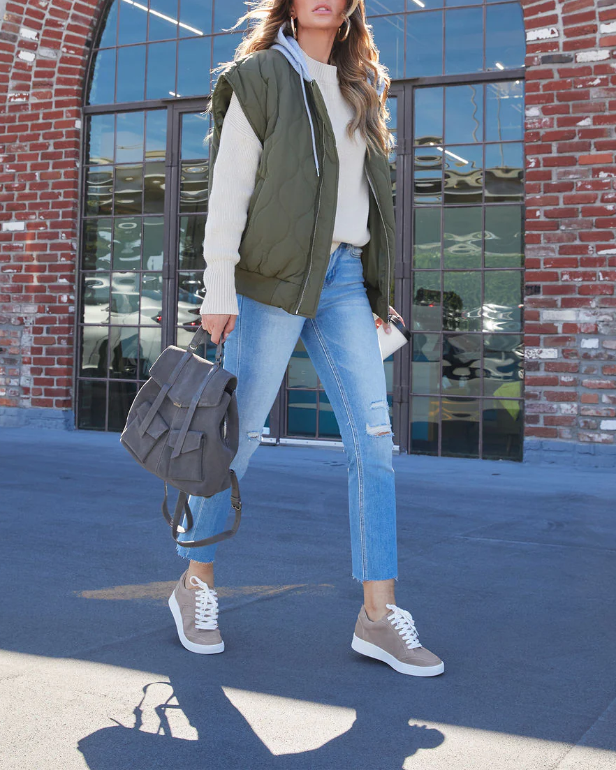Quilted Hooded Cap Sleeve Zip Vest - Olive - 5