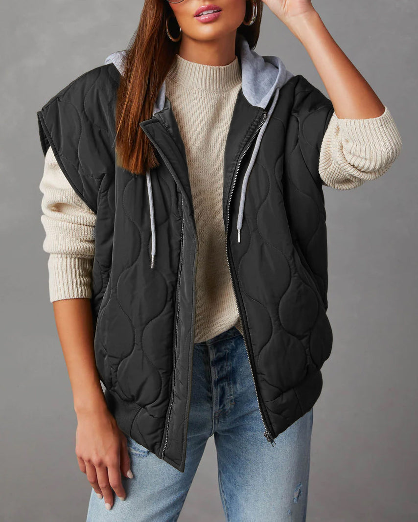 Quilted Hooded Cap Sleeve Zip Vest - black - 3