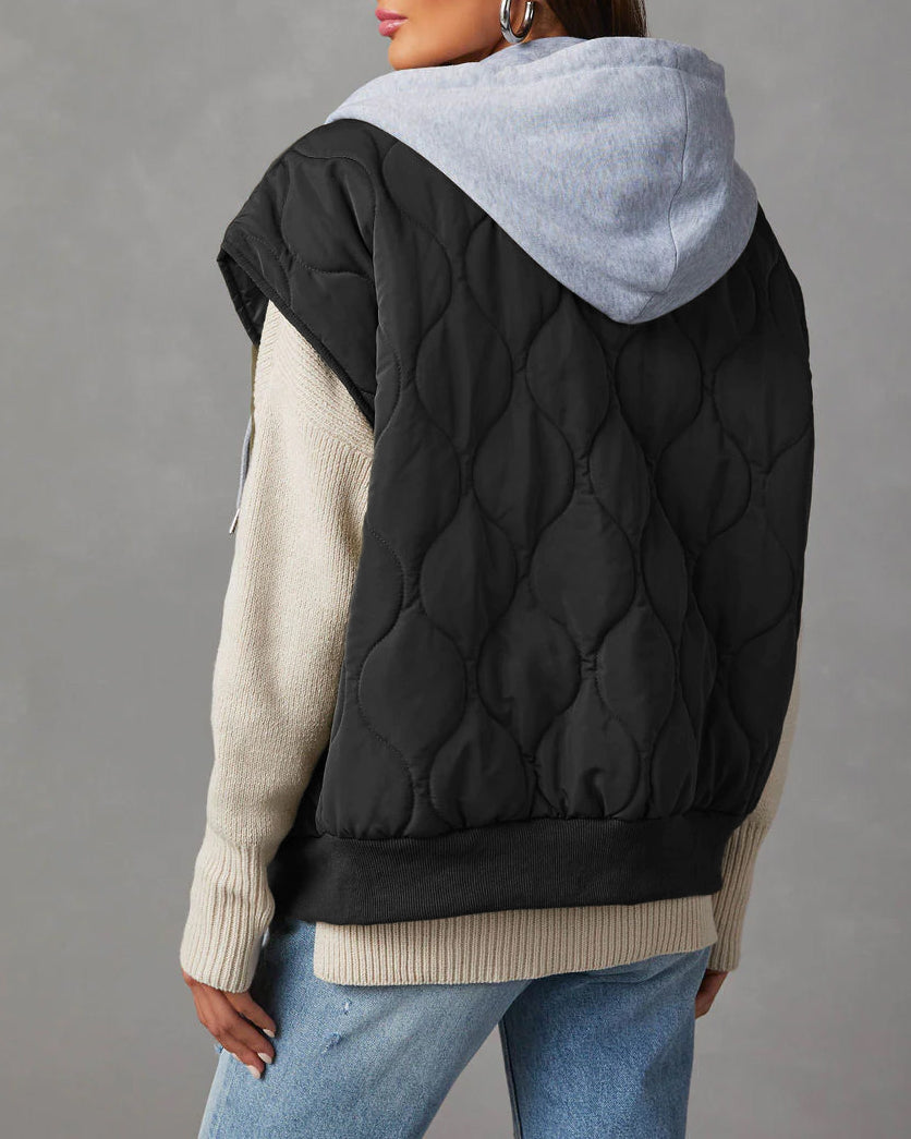 Quilted Hooded Cap Sleeve Zip Vest - black - 4