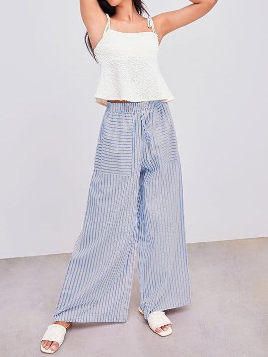 Striped Wide Leg Drawstring Pants - Blue