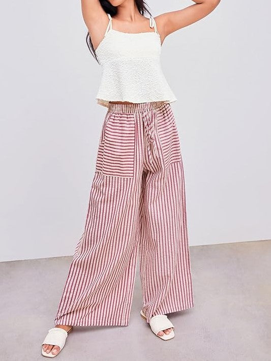 Striped Wide Leg Drawstring Pants - Red