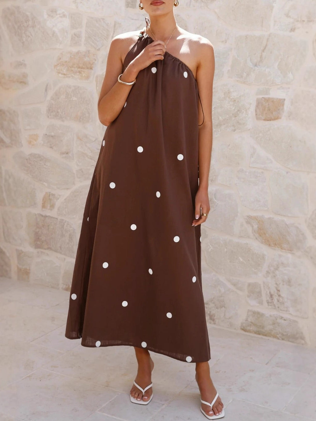 Polka Dot One Shoulder Maxi Dress - Coffee - 1