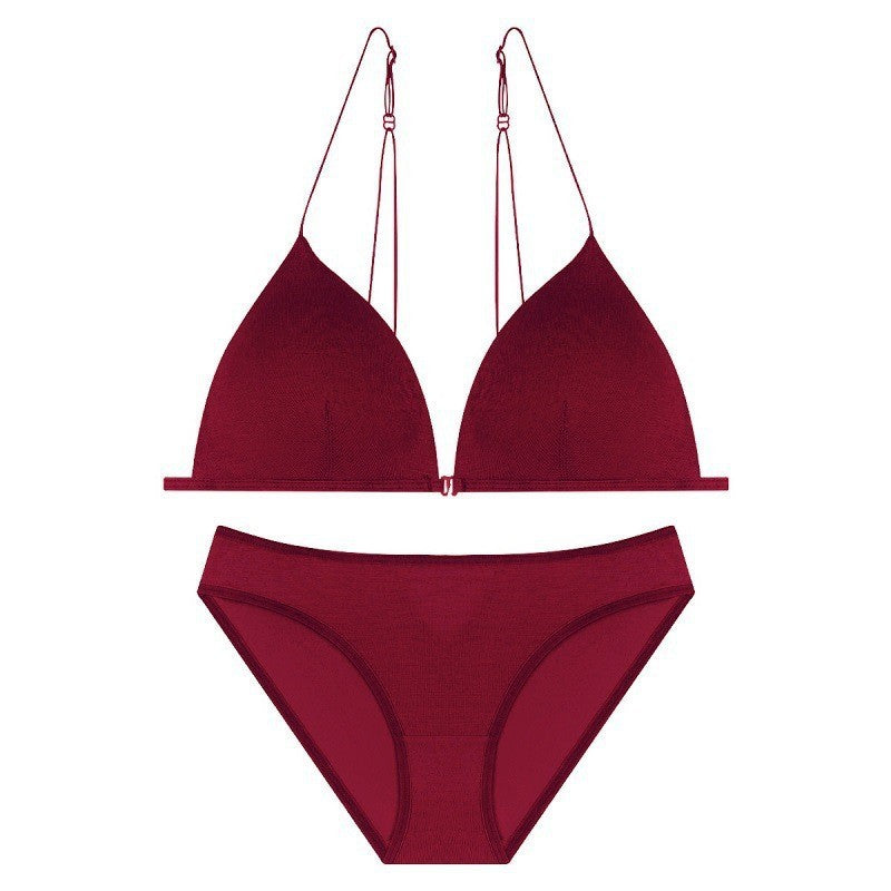 Cotton Front Closure Wireless Triangle Bralette - Burgundy Set