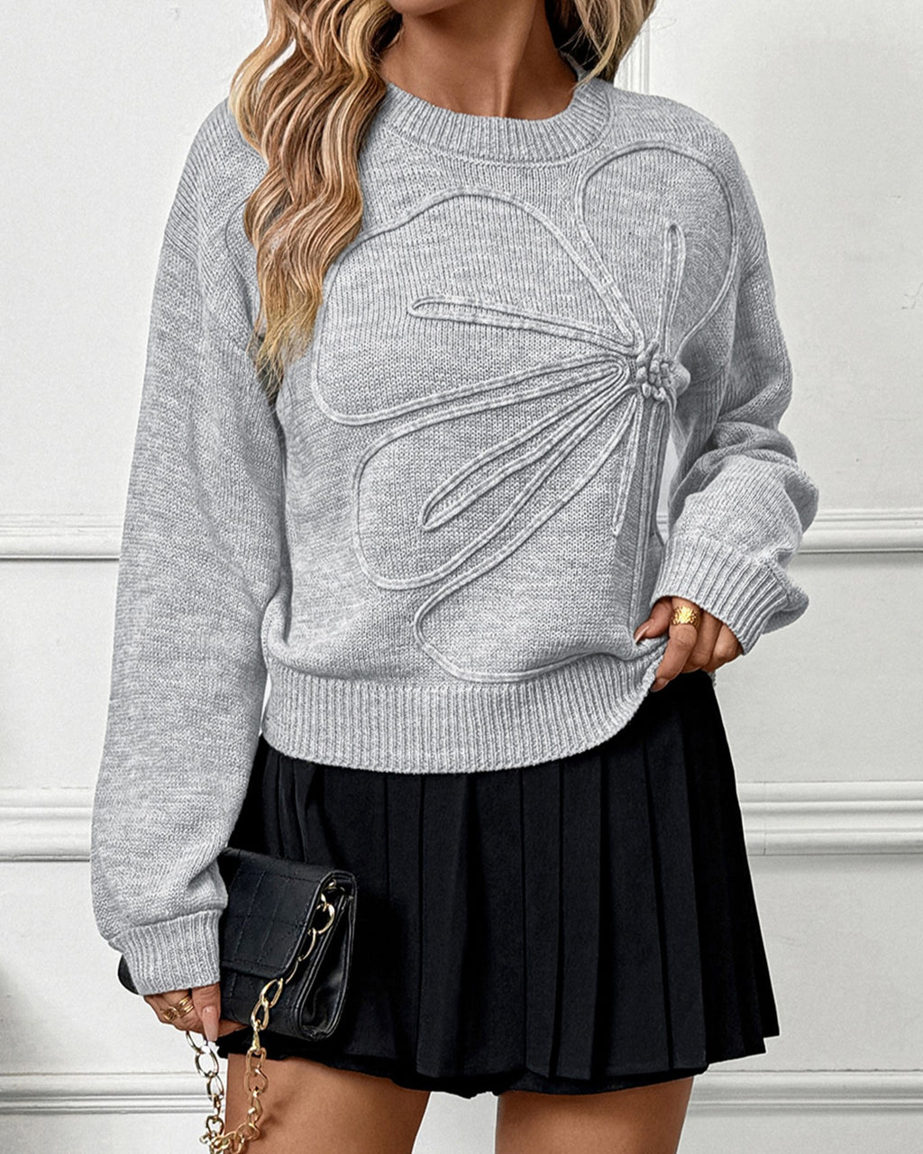 Textured Floral Applique Crewneck Sweater - Grey - 1