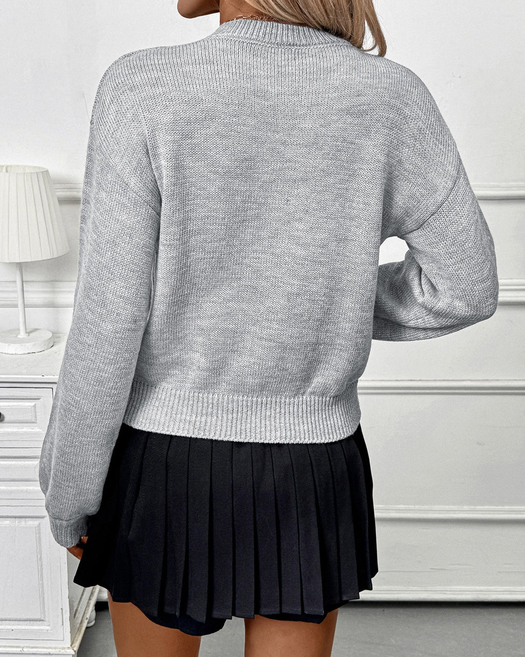Textured Floral Applique Crewneck Sweater - Grey - 2
