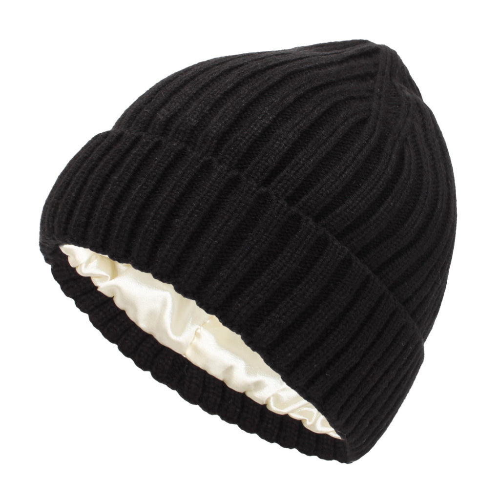 Satin Lined Ribbed Knit Beanie - Black