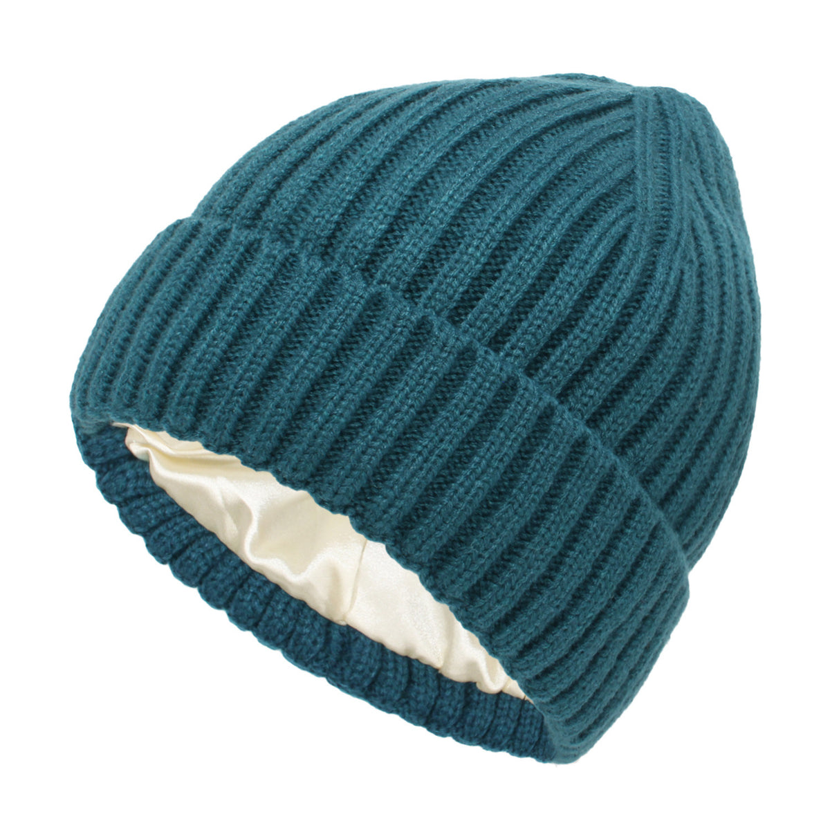 Satin Lined Ribbed Knit Beanie - Blue