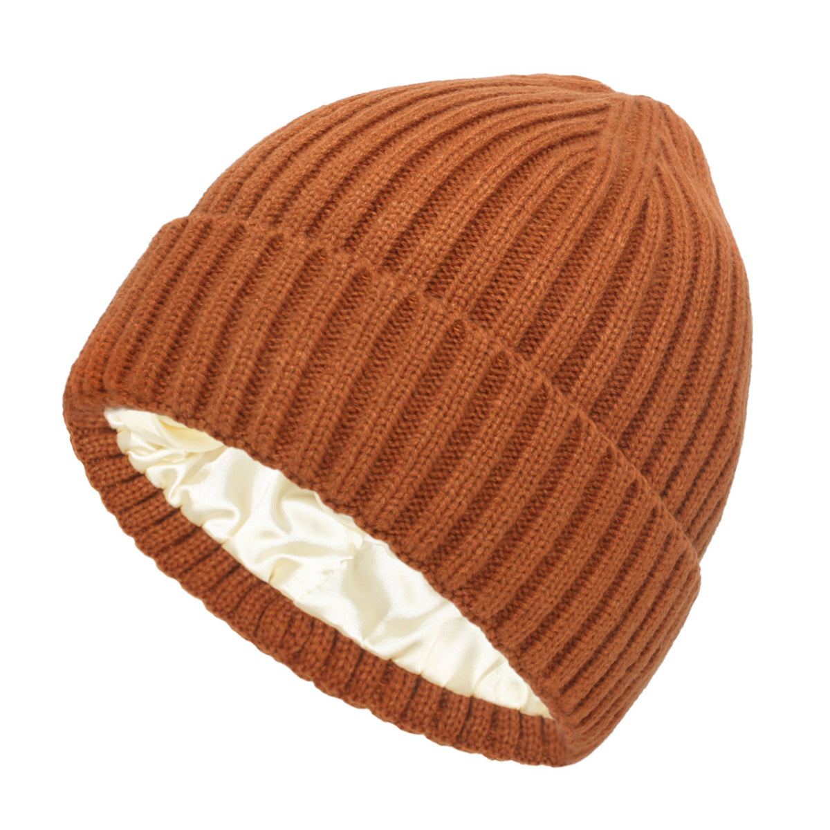 Satin Lined Ribbed Knit Beanie - Caramel