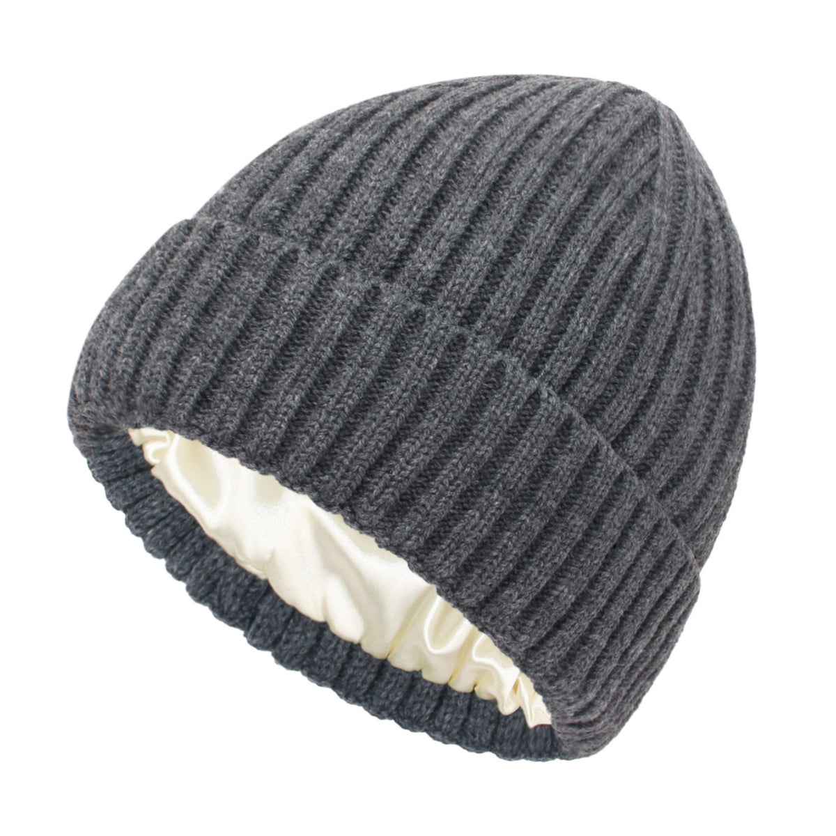 Satin Lined Ribbed Knit Beanie - DarkGrey