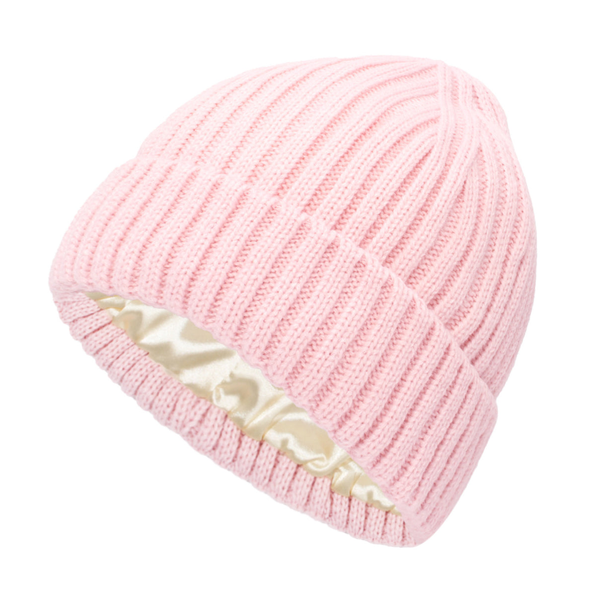 Satin Lined Ribbed Knit Beanie - Pink
