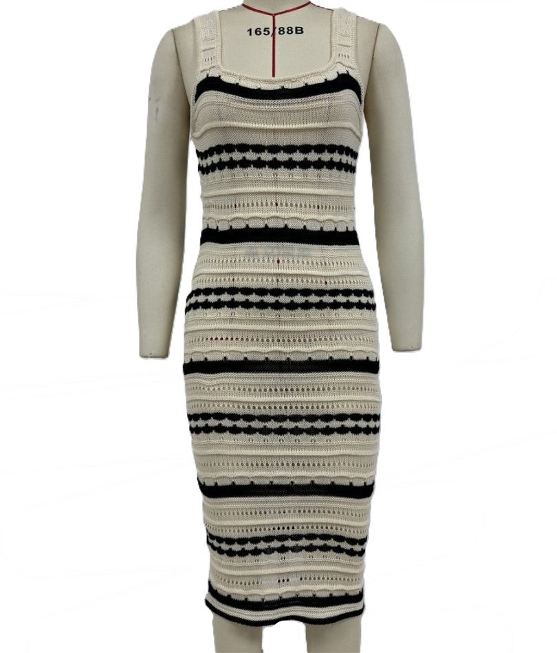 Pointelle Stripe Knit Midi Tank Dress - Apricot