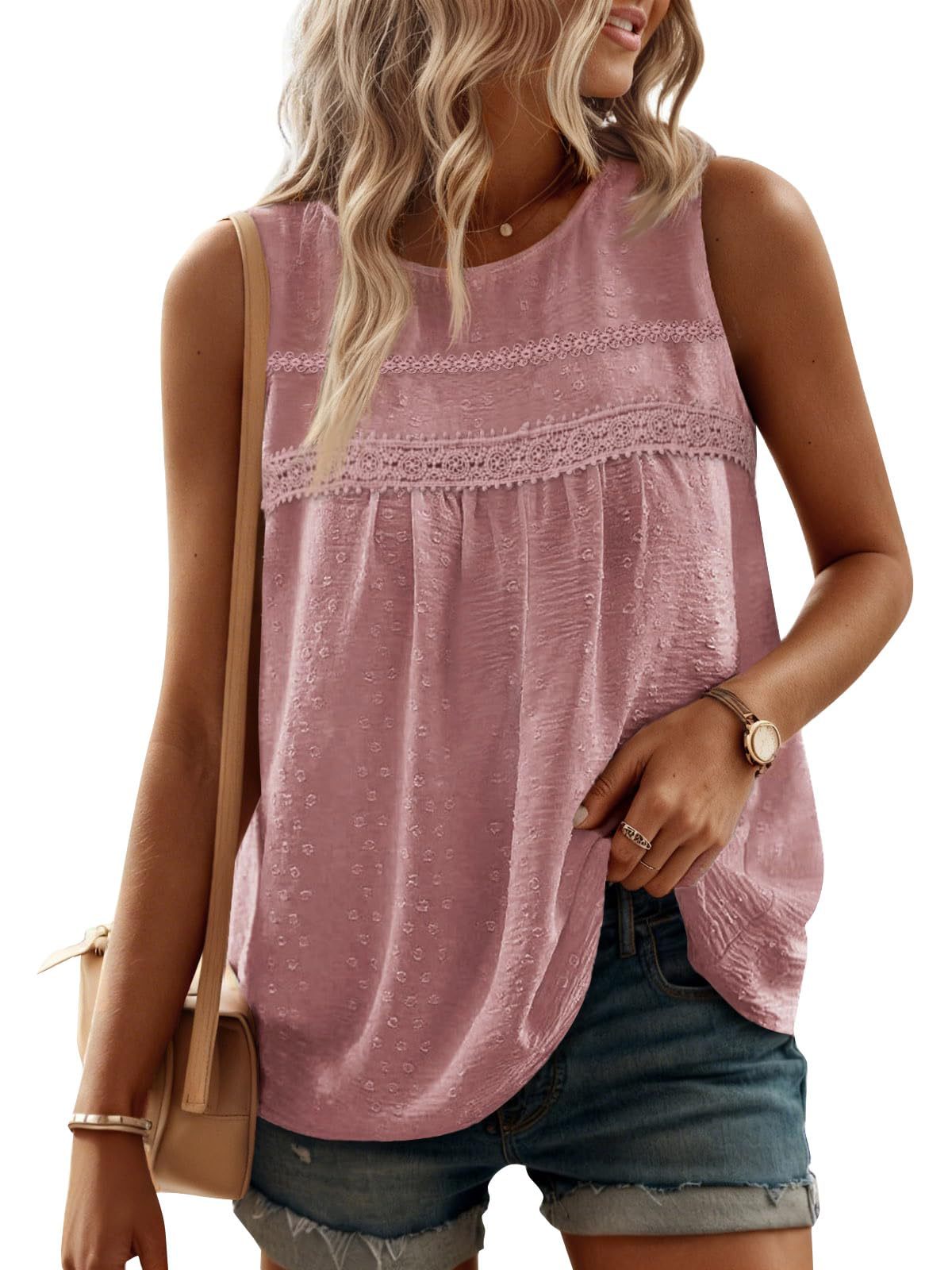 Swiss-Dot Sleeveless Crochet Lace Yoke Babydoll Top - Pink