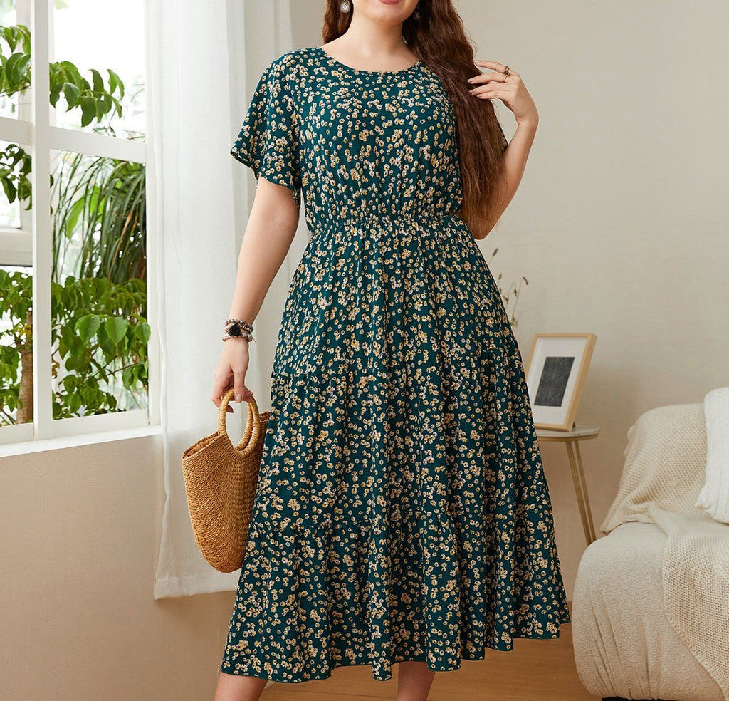 Ditsy Floral Flutter Sleeve Midi Dress - Green
