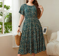 Ditsy Floral Flutter Sleeve Midi Dress - Green