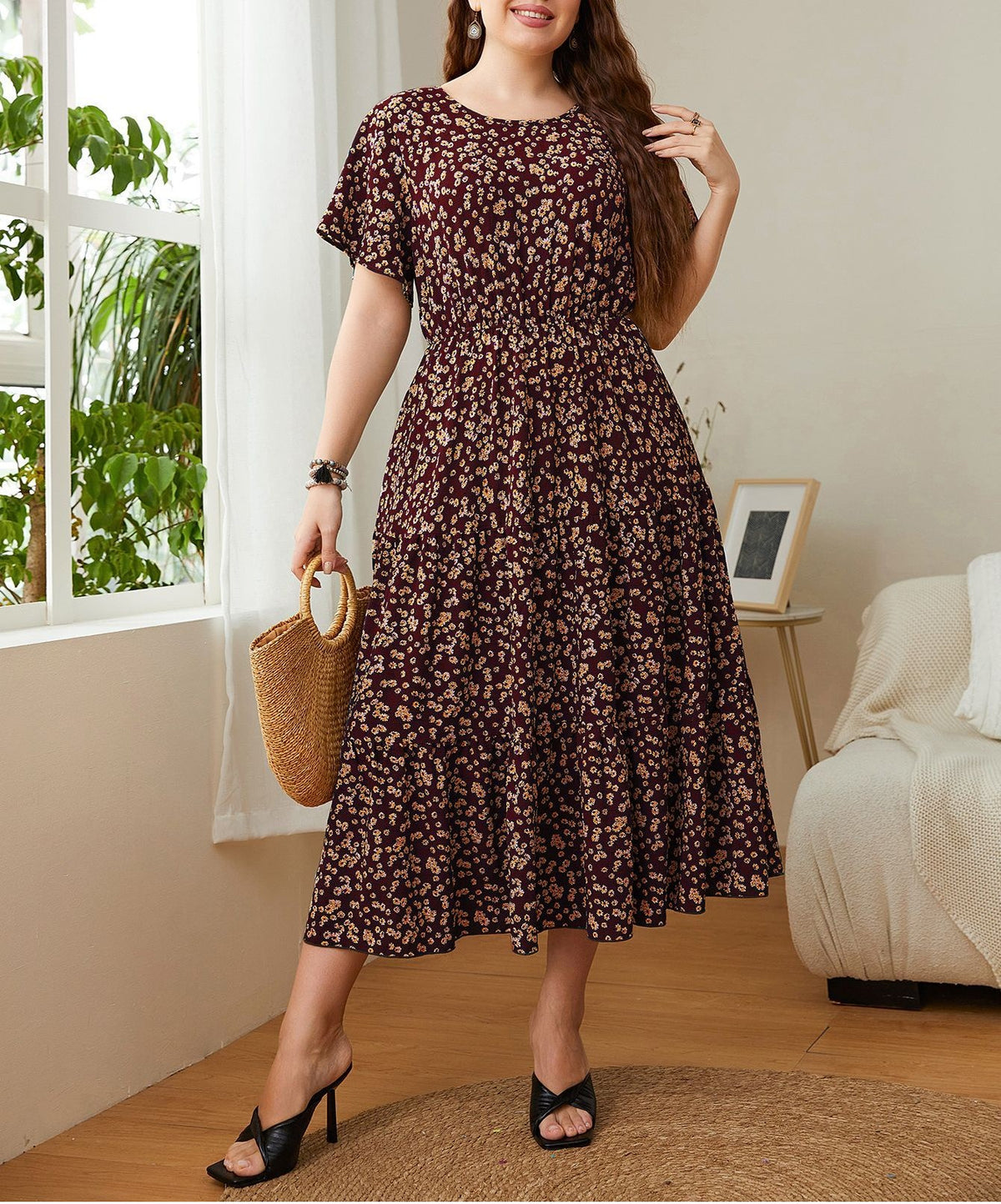 Ditsy Floral Flutter Sleeve Midi Dress - Red
