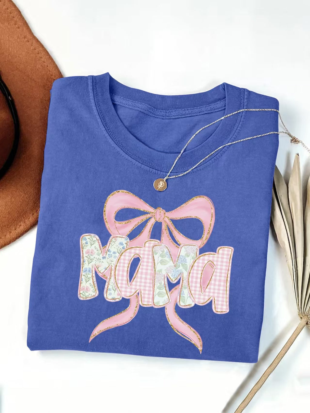 Mama Bow Letter Graphic T-Shirt - Blue