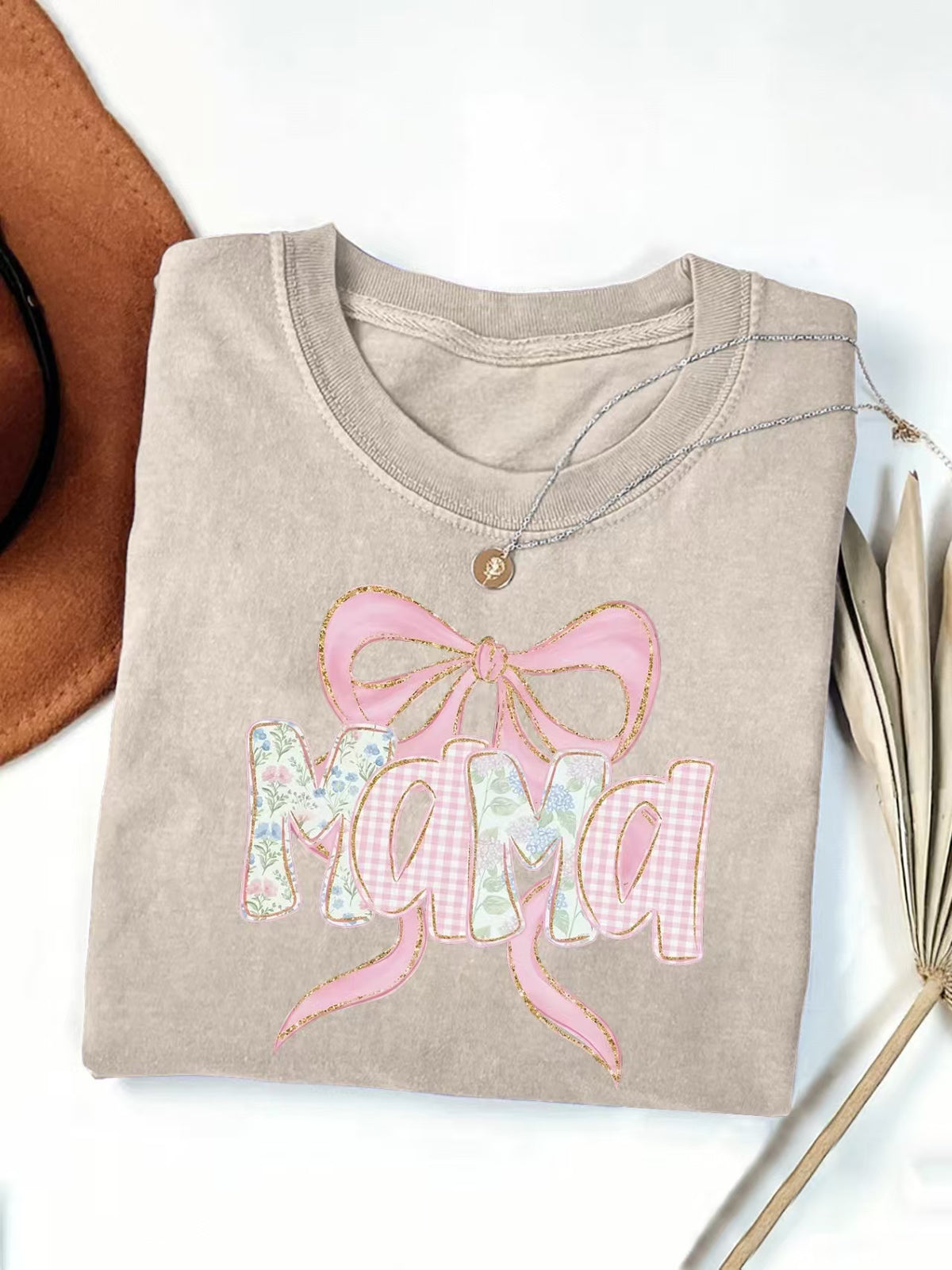 Mama Bow Letter Graphic T-Shirt - Khaki