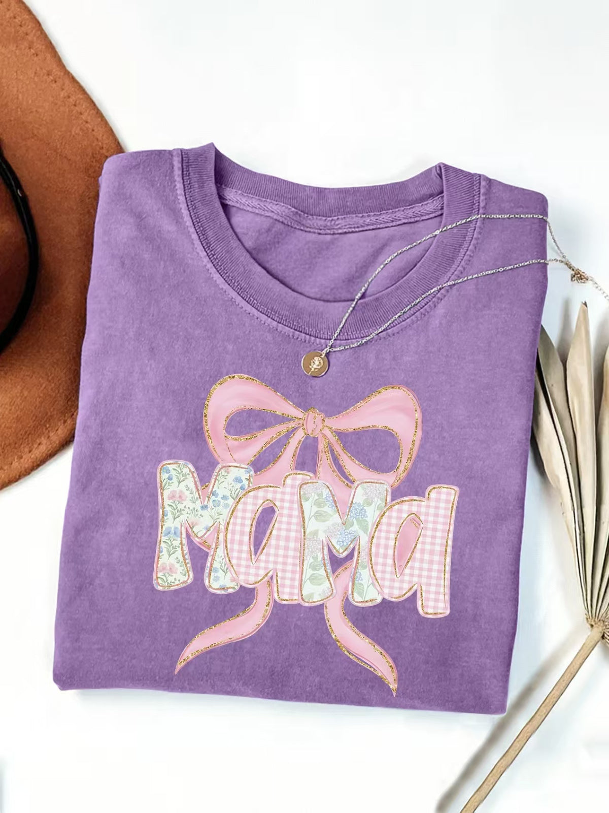 Mama Bow Letter Graphic T-Shirt - Purple