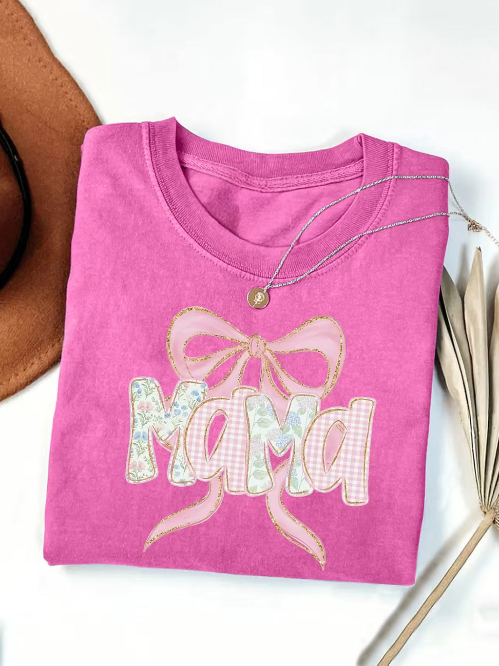 Mama Bow Letter Graphic T-Shirt - RoseRed