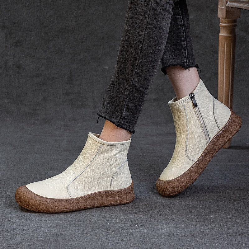 Soft Cowhide Leather Side Zip Ankle Boots - Beige Wool-Lined
