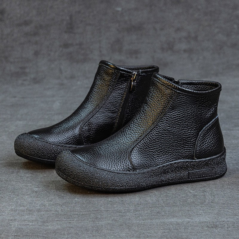 Soft Cowhide Leather Side Zip Ankle Boots - Black