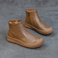 Soft Cowhide Leather Side Zip Ankle Boots - Brown