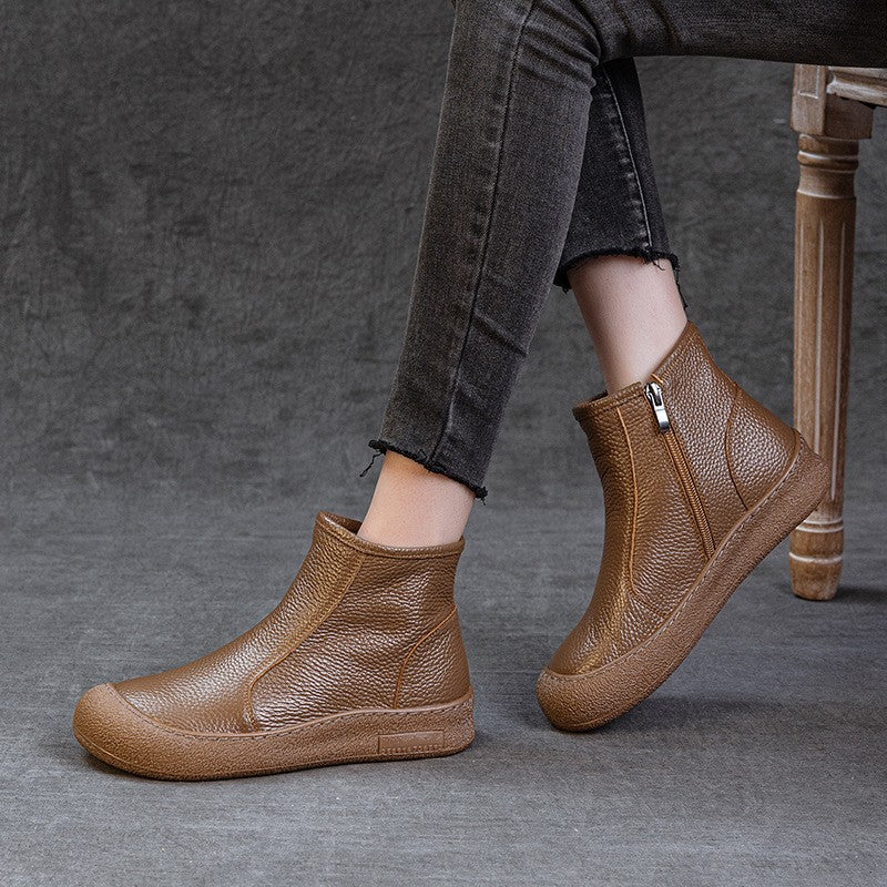 Soft Cowhide Leather Side Zip Ankle Boots - Brown Wool-Lined